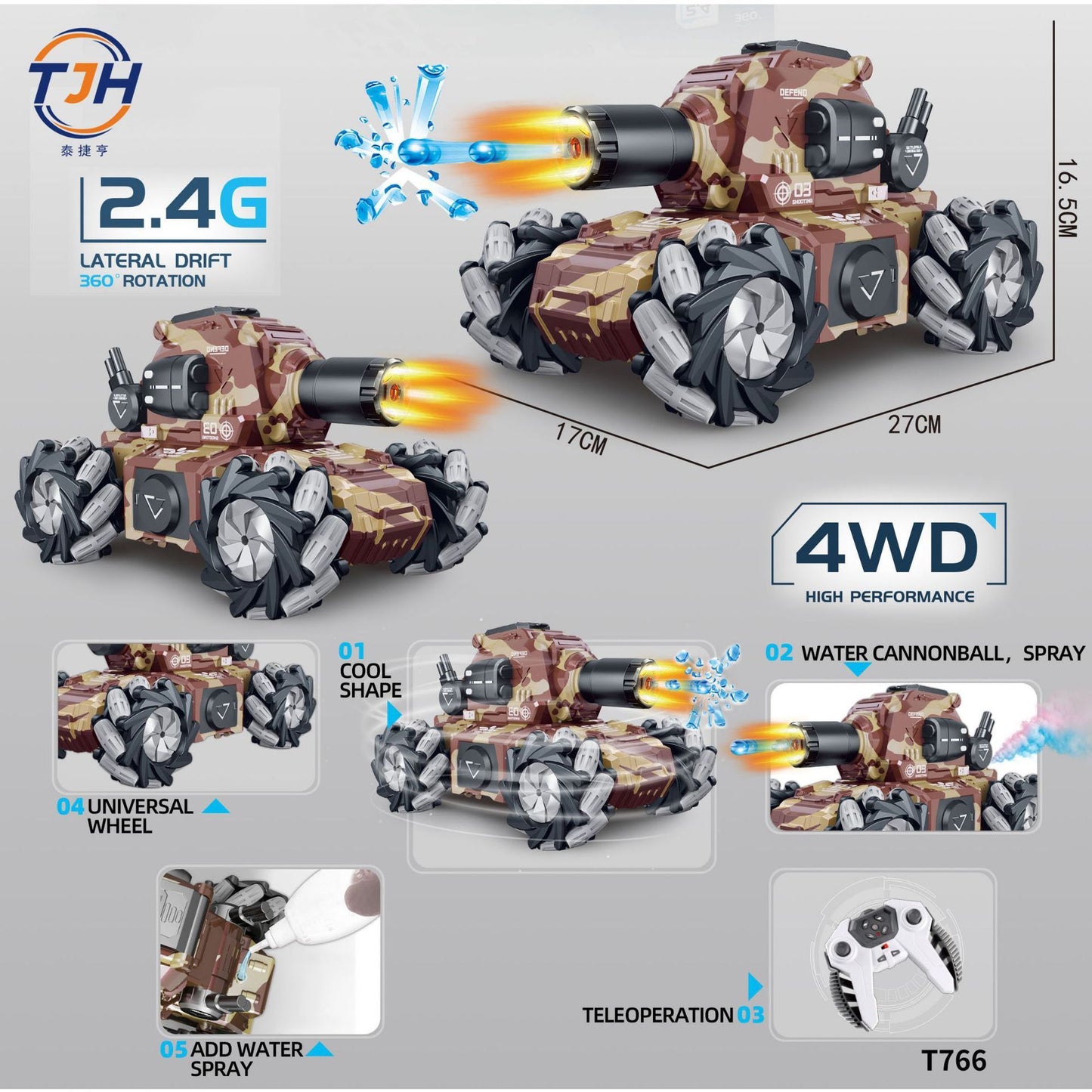 Remote Control Tank Fire-breathing Water Bomb Camouflage Chariot Four-wheel Drive Stunt Spray Music Toy Car