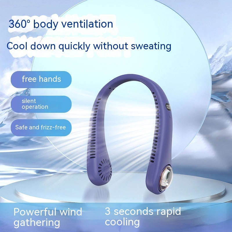 Cartoon Digital Display Hanging Neck Fan Portable Lazy Silicone Blade-free Little Fan