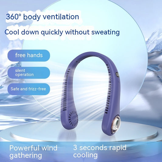 Cartoon Digital Display Hanging Neck Fan Portable Lazy Silicone Blade-free Little Fan