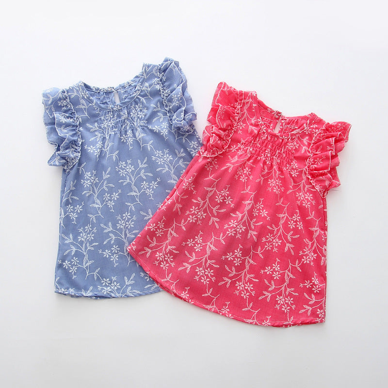 Cute Fly Shoulder Sleeve Top For Girls Thin Cotton And Linen
