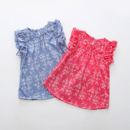Cute Fly Shoulder Sleeve Top For Girls Thin Cotton And Linen