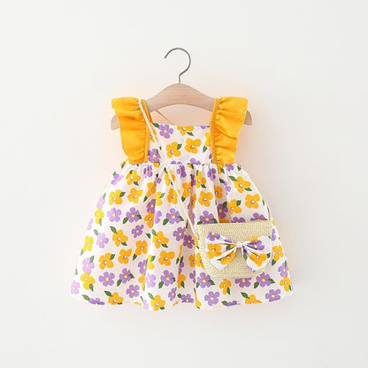 Baby Girl Flounced Sleeve Dress Free Bamboo Basket Satchel