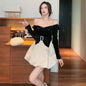 Back Puff Sleeve Stitching Gold Velvet Dress