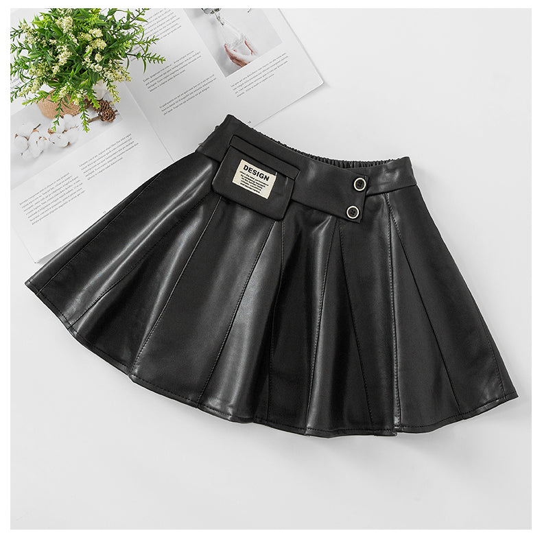 Autumn Winter New Style Children Foreign Style Korean Leather Skirt