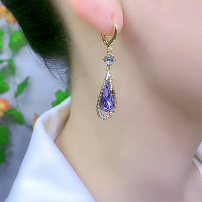 High-grade Purple Crystal Earrings Drop-shaped Design