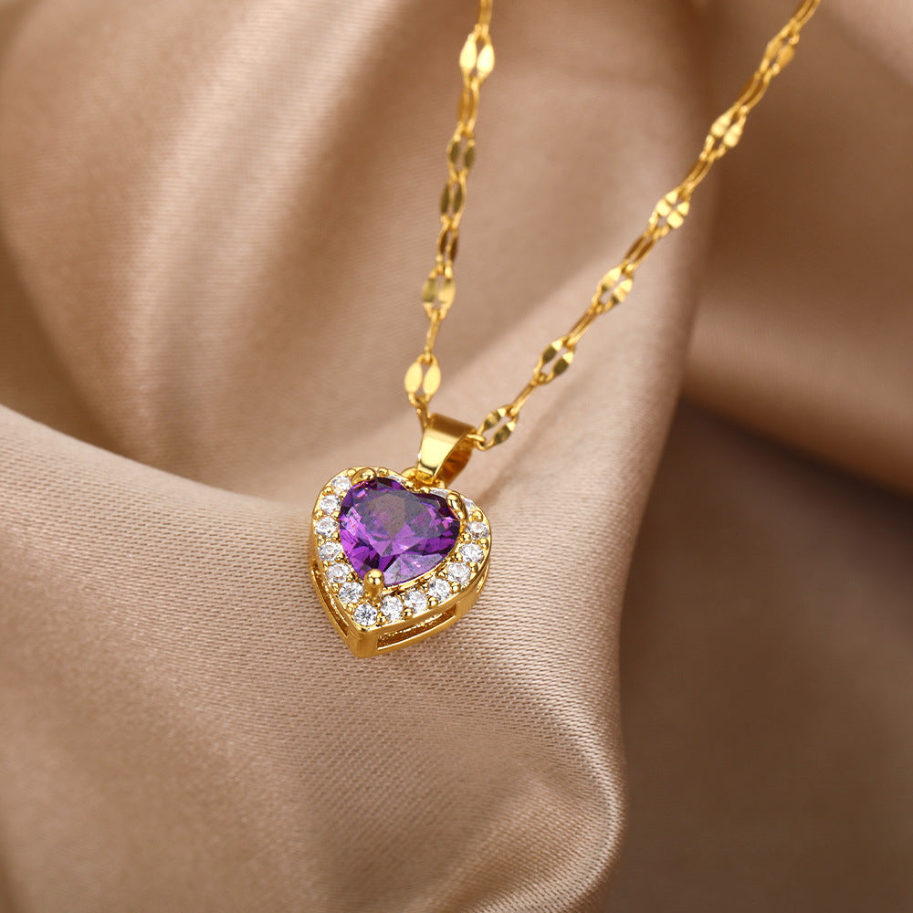Heart Of Europe And America Ocean Necklace Heart Purple Zircon Pendant Heart Collar Chain
