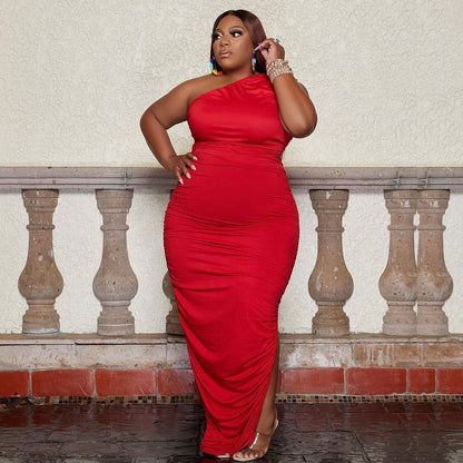 Plus Size Women's One Shoulder Irregular Pleated Dress