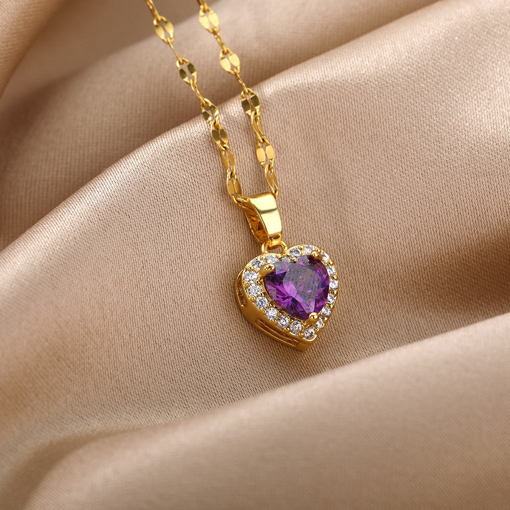 Heart Of Europe And America Ocean Necklace Heart Purple Zircon Pendant Heart Collar Chain