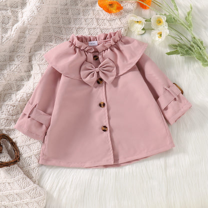 Girls' Lotus Leaf Collar Long Sleeve Trench Coat