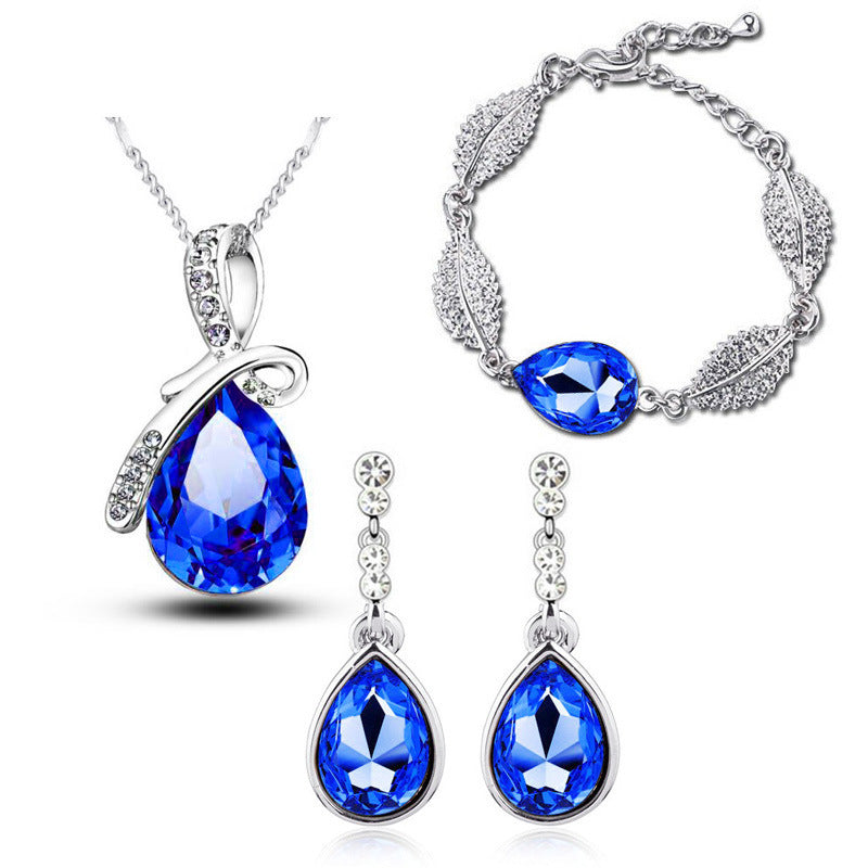 Water Drop Crystal Earrings Man Tingfang Necklace Acacia Leaf Bracelet Three-piece Set