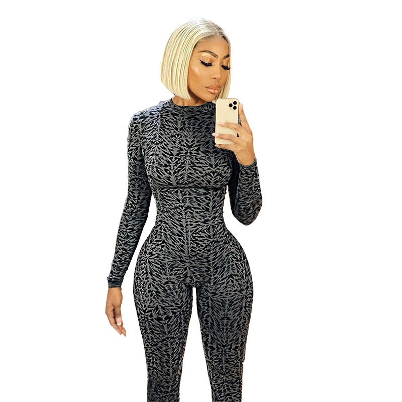Printed Back Zip Hip Raise Long Sleeve Jumpsuit