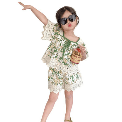 Girls' Summer Suits Sweet Lace Shirt Lace Shorts Two-piece Set