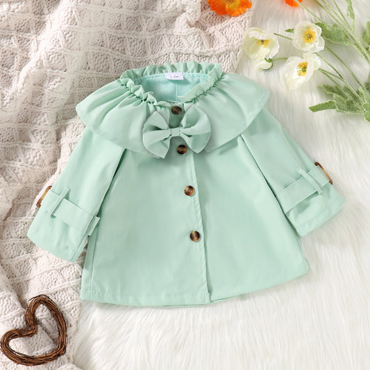 Girls' Lotus Leaf Collar Long Sleeve Trench Coat