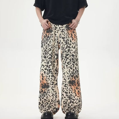 Vintage Leopard Print Jeans Straight Loose Men And Women