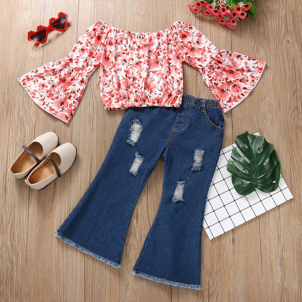 Girls Flared Sleeve Top Denim Trousers 2 Piece Set