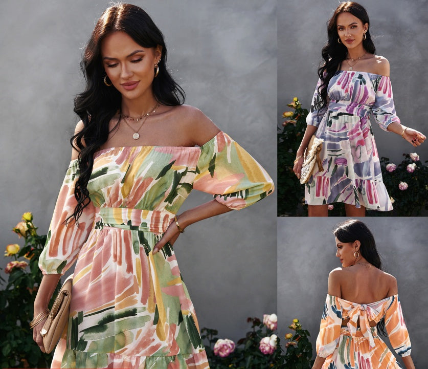 Women's Bow Open Back Print Wrap Dress