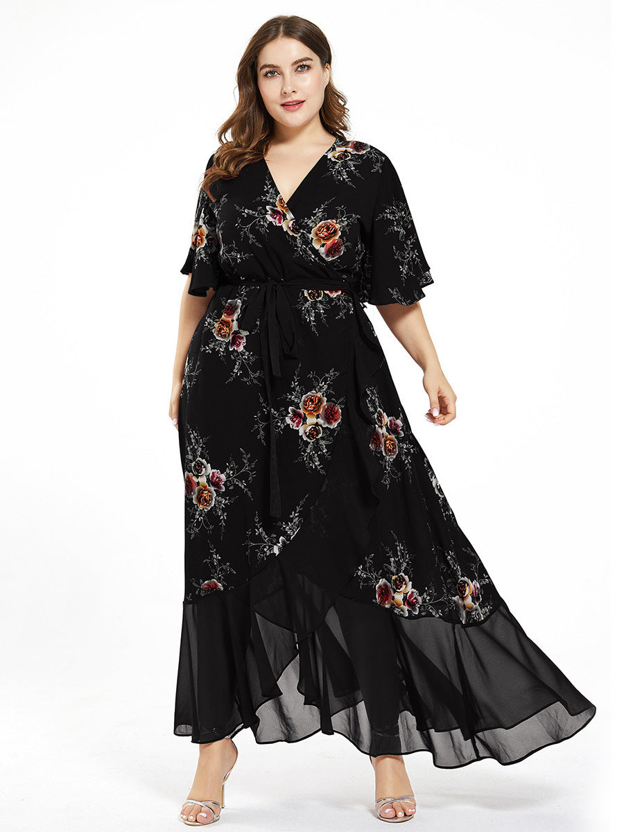 Plus Size Ladies Printed Chiffon Panel Fashion Dress