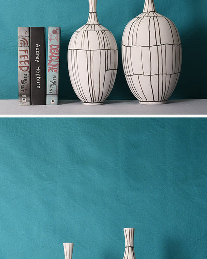 Modern Style Home Decoration Ceramic Frosted Small Mouth Striped Olive-shaped Vase