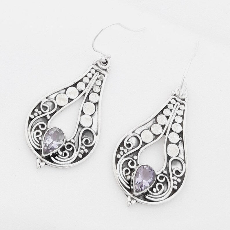Women's Fashion Silver Carved Purple Gemstone Earrings