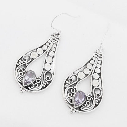 Women's Fashion Silver Carved Purple Gemstone Earrings