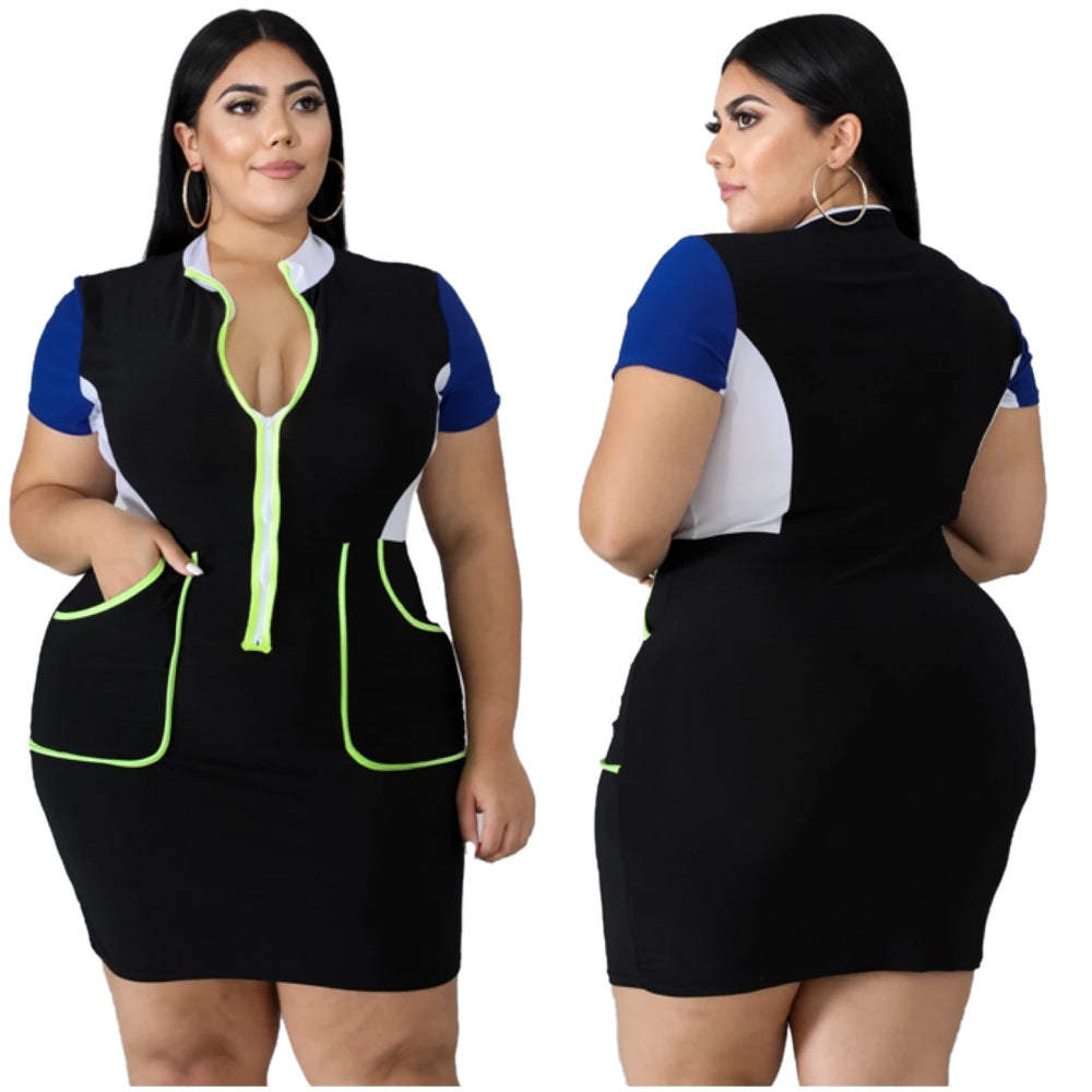 European And American Plus Size Women's Color Matching Dress