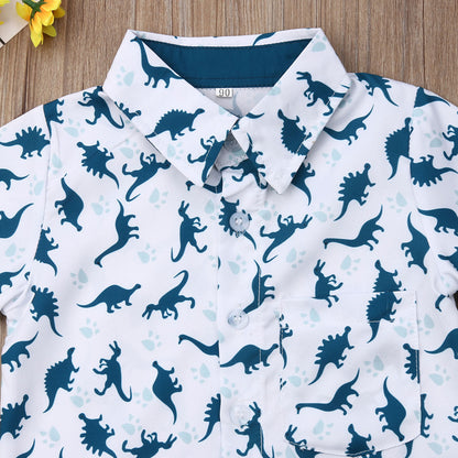 Summer Cartoon Dinosaur Print Short-sleeved Shirt Top Solid Color Two-piece Suit