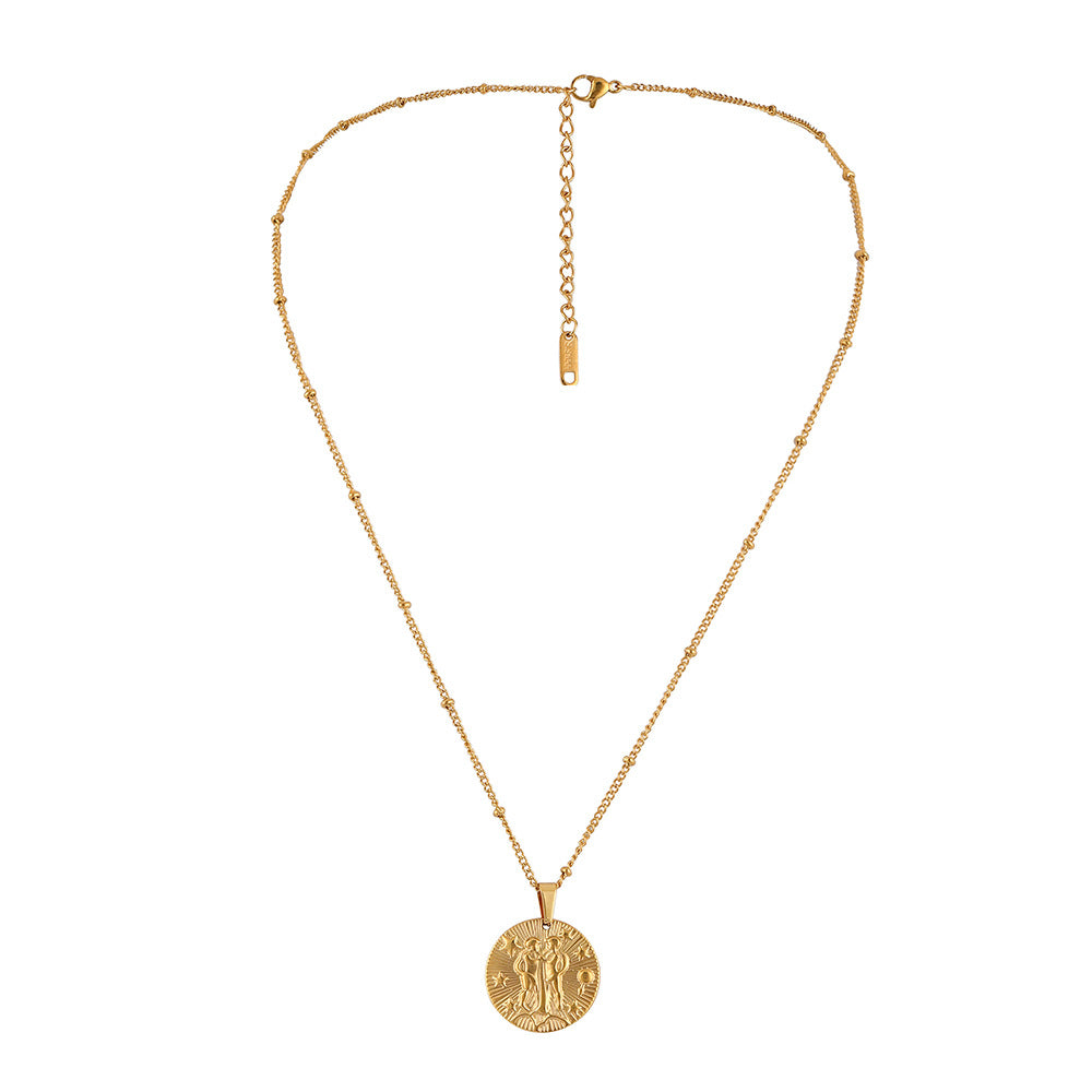 Stainless Steel Round Twelve Constellation Coin Relief Necklace