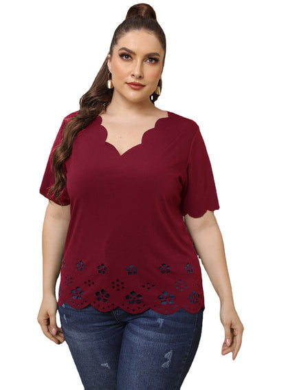 Ladies Plus Size Burnt Floral Hollow Out Wavy Deep V T-Shirt