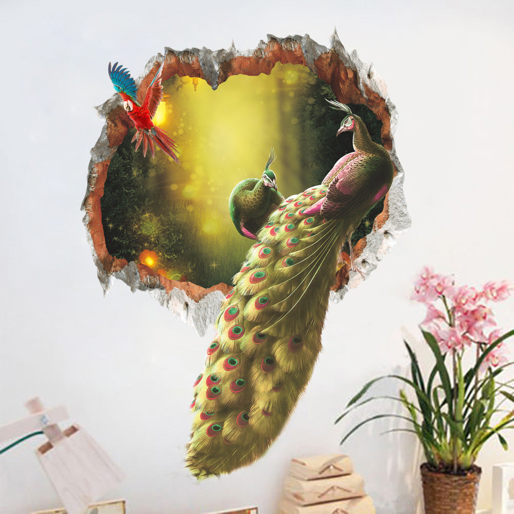 3d Peacock Forest Broken Wall Bedroom TV Backdrop Wall Decorative Removable Wall Sticker