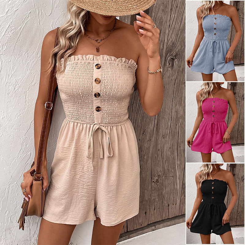 Hot Selling Summer Leisure Vacation Solid Color High Waist Design Strapless Jumpsuit Shorts