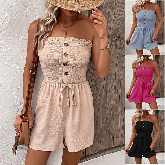 Hot Selling Summer Leisure Vacation Solid Color High Waist Design Strapless Jumpsuit Shorts