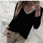 Women's Stitching V Neck Sequin Long Sleeve T-shirt Plus Size Top