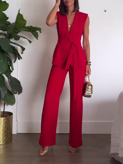 Red Sleeveless Tie Vest High Waist Pants Suit