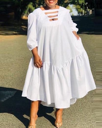 Round Neck White Large Swing Solid Color Plus Size Dress