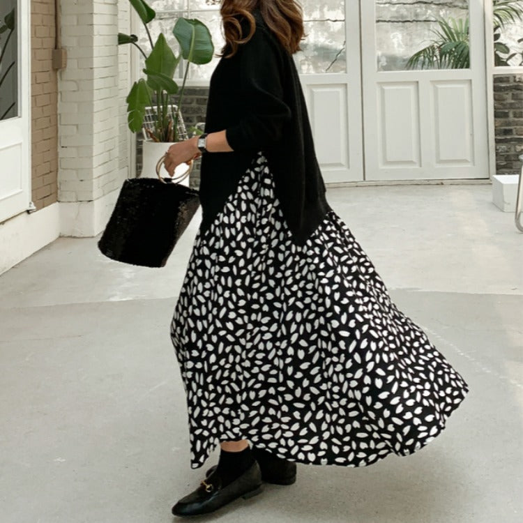 Plus Size Women's Long-sleeved T-shirt Stitching Print Big Swing Dress