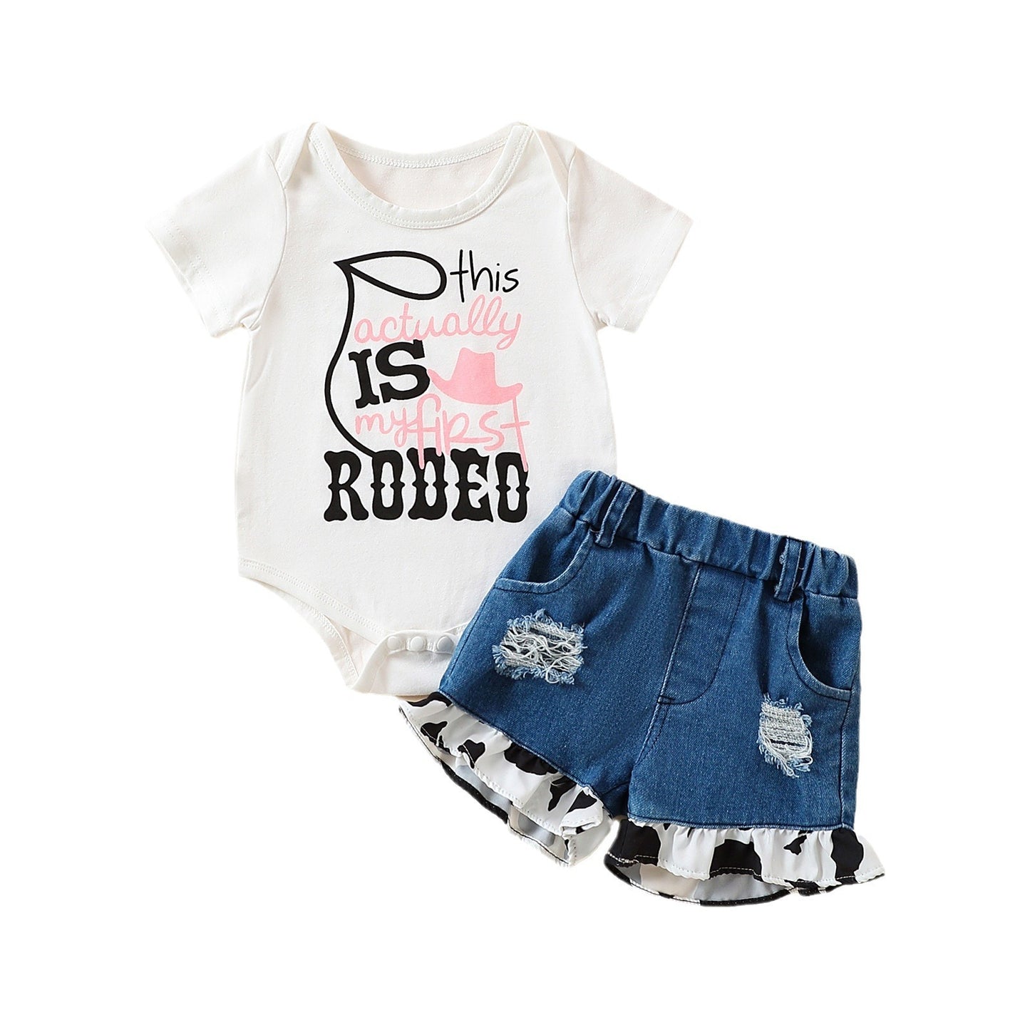 Girls' Summer Casual Suit Short Sleeved Kazakhstan Denim Shorts Two-piece Set