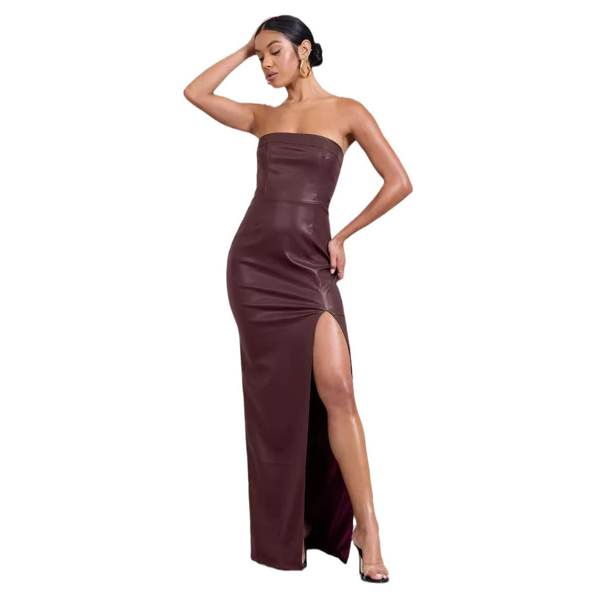 Midnight Muse™ | Onyx Faux-Leather Strapless Maxi with High-Voltage Slit