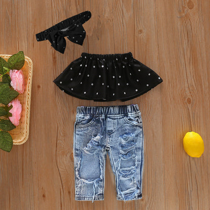 Girls' Woven Stretch Print Dot Cotton Denim Ripped Trousers Turban Three-piece European And American Cross-border Suit