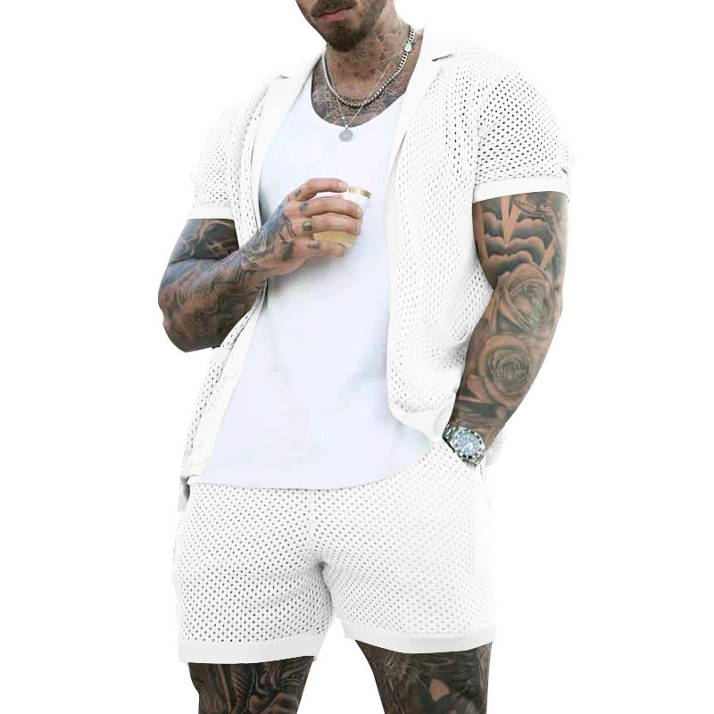 Men's Summer Cool Hole Cloth Lapel Short Sleeve Shorts Suit