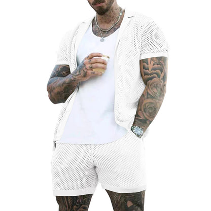 Men's Summer Cool Hole Cloth Lapel Short Sleeve Shorts Suit