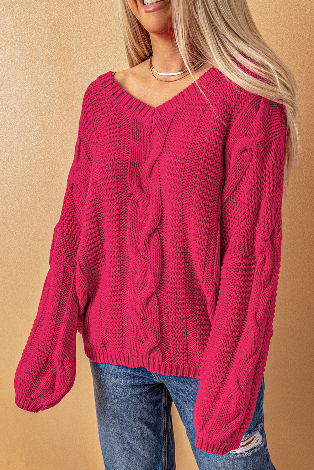 Dark Gray Bubblegum V-Neck Braided Knit Sweater