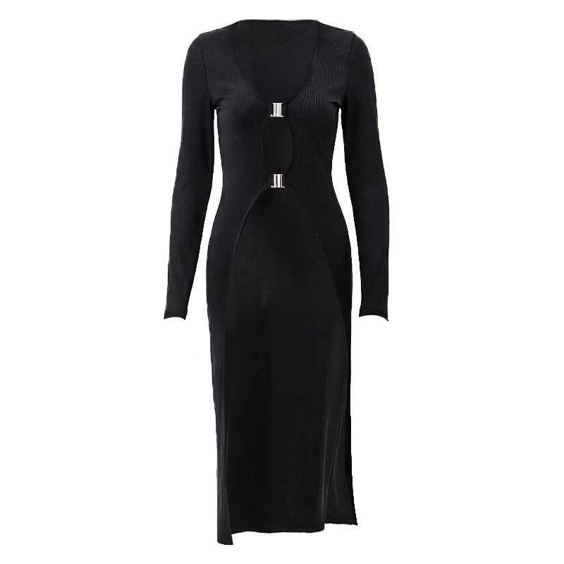 V-neck Low-cut Metal Buckle Cardigan Dress Hot Girl