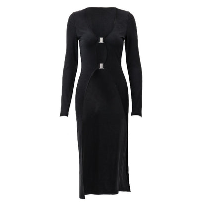 V-neck Low-cut Metal Buckle Cardigan Dress Hot Girl