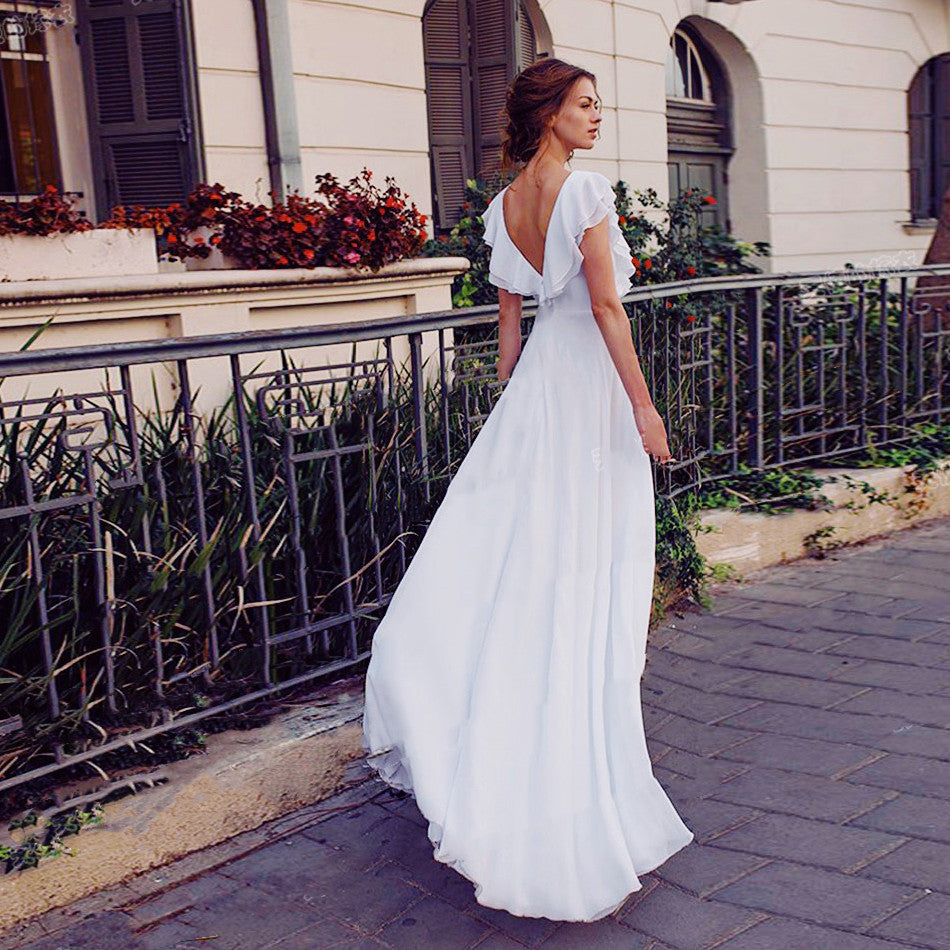 Deep V Neck Bridal Holiday Backless Wedding Dress