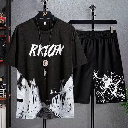 Men's New Printed Short-sleeved T-shirt Plus Size Shorts Sports Suit