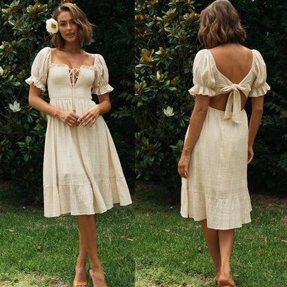 Fashion Tie Back Ruffle Sleeve Midi Dress