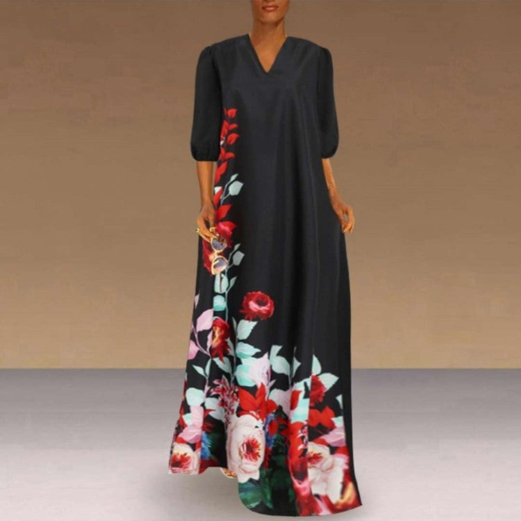 Plus Size Women's Long Skirt V-neck Positioning Flower Puff Sleeve Dress