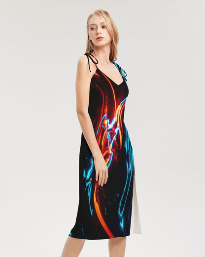 ELECTRICLY BLUE AND RED DESIGN BY FLIPSTYLEZ Women's All-Over Print Tie Strap Split Dress