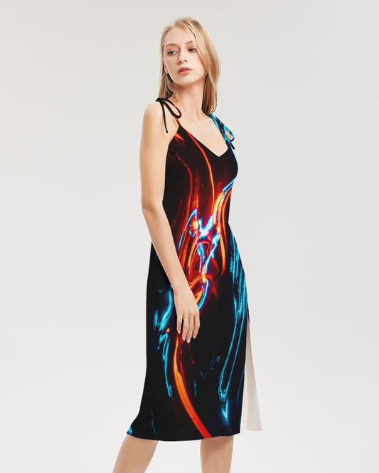 ELECTRICLY BLUE AND RED DESIGN BY FLIPSTYLEZ Women's All-Over Print Tie Strap Split Dress