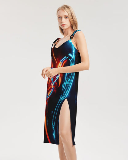 ELECTRICLY BLUE AND RED DESIGN BY FLIPSTYLEZ Women's All-Over Print Tie Strap Split Dress